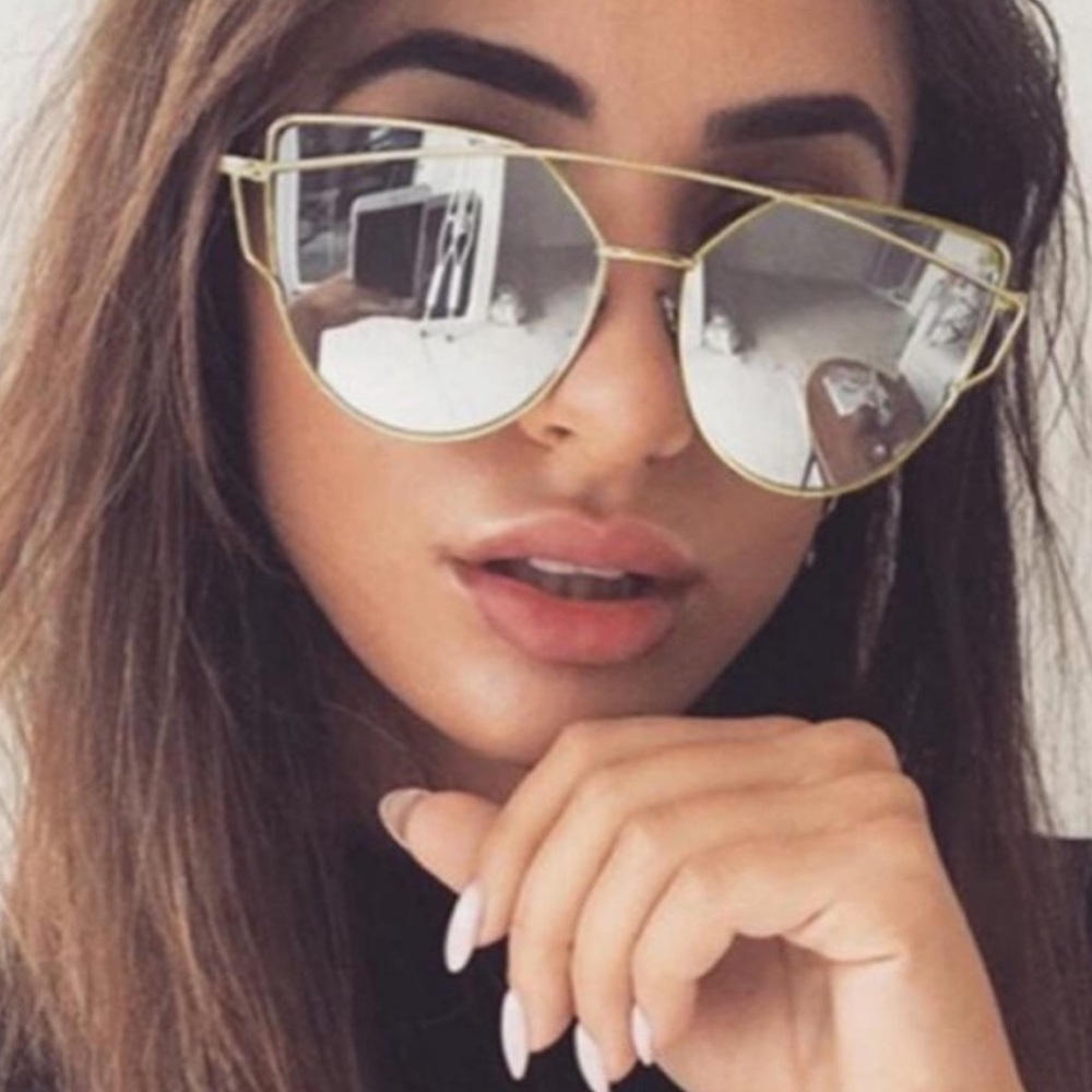 Mirrored Silver Lens Gold Cat Eye Aviator Sunnies